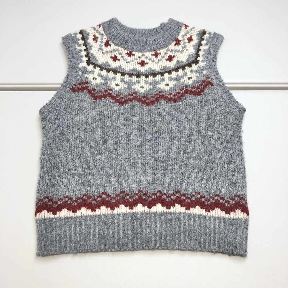 Line And Dot Knit Cable Knit Sweater Vest M Women’s Gray Red Fair Isle Sleve